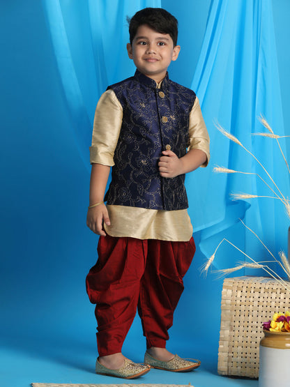 Vastramay boys navy blue embroidered nehru jacket with gold kurta and maroon dhoti set