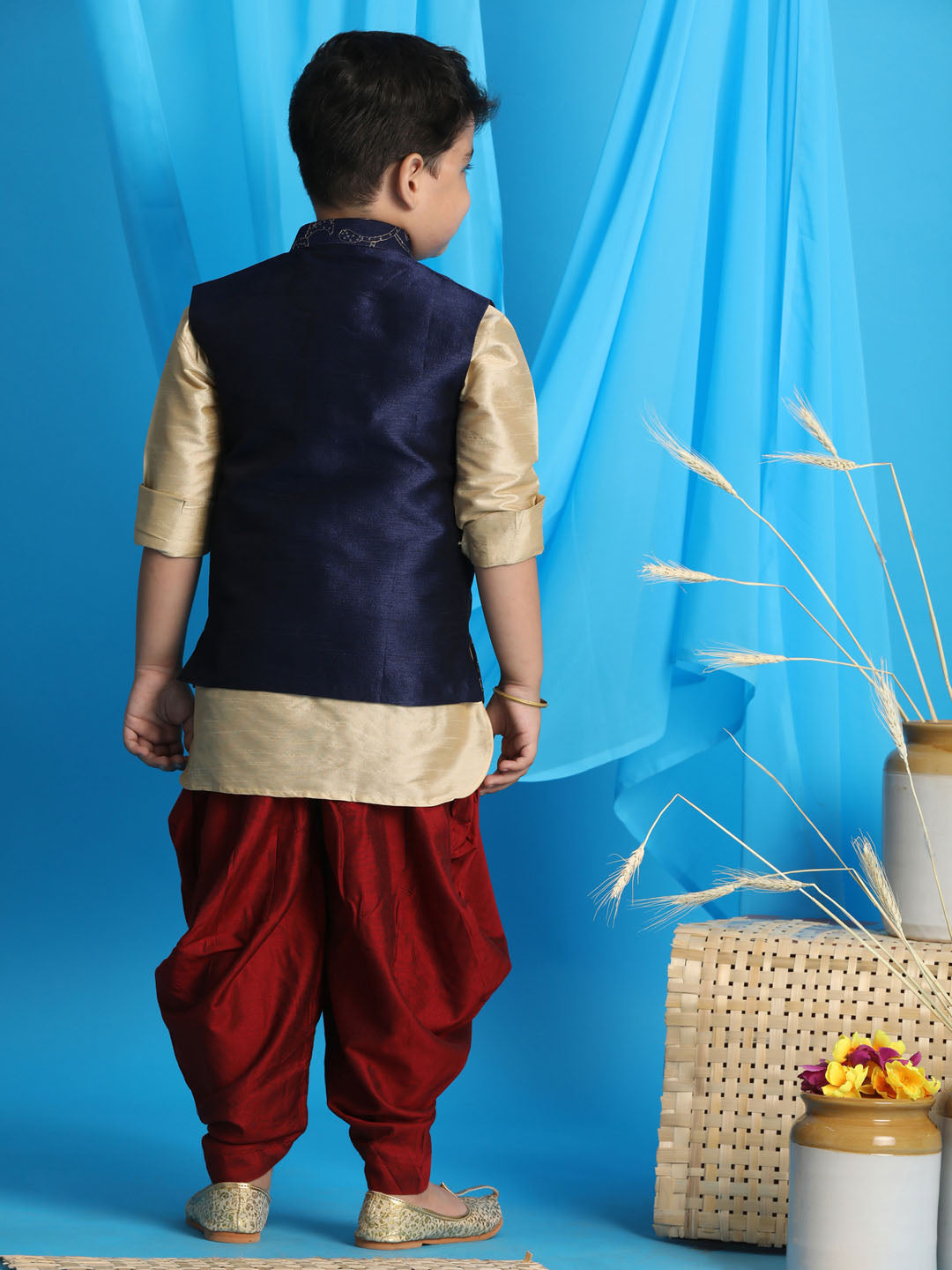 Vastramay boys navy blue embroidered nehru jacket with gold kurta and maroon dhoti set