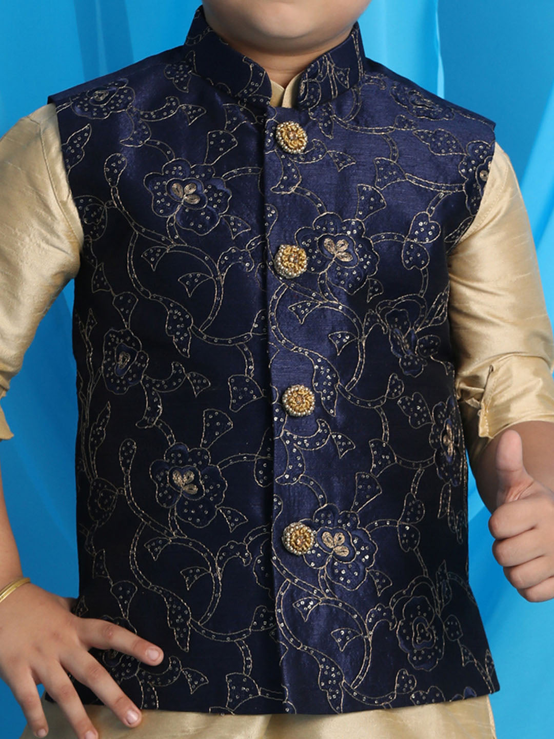 Vastramay boys navy blue embroidered nehru jacket with gold kurta and maroon dhoti set