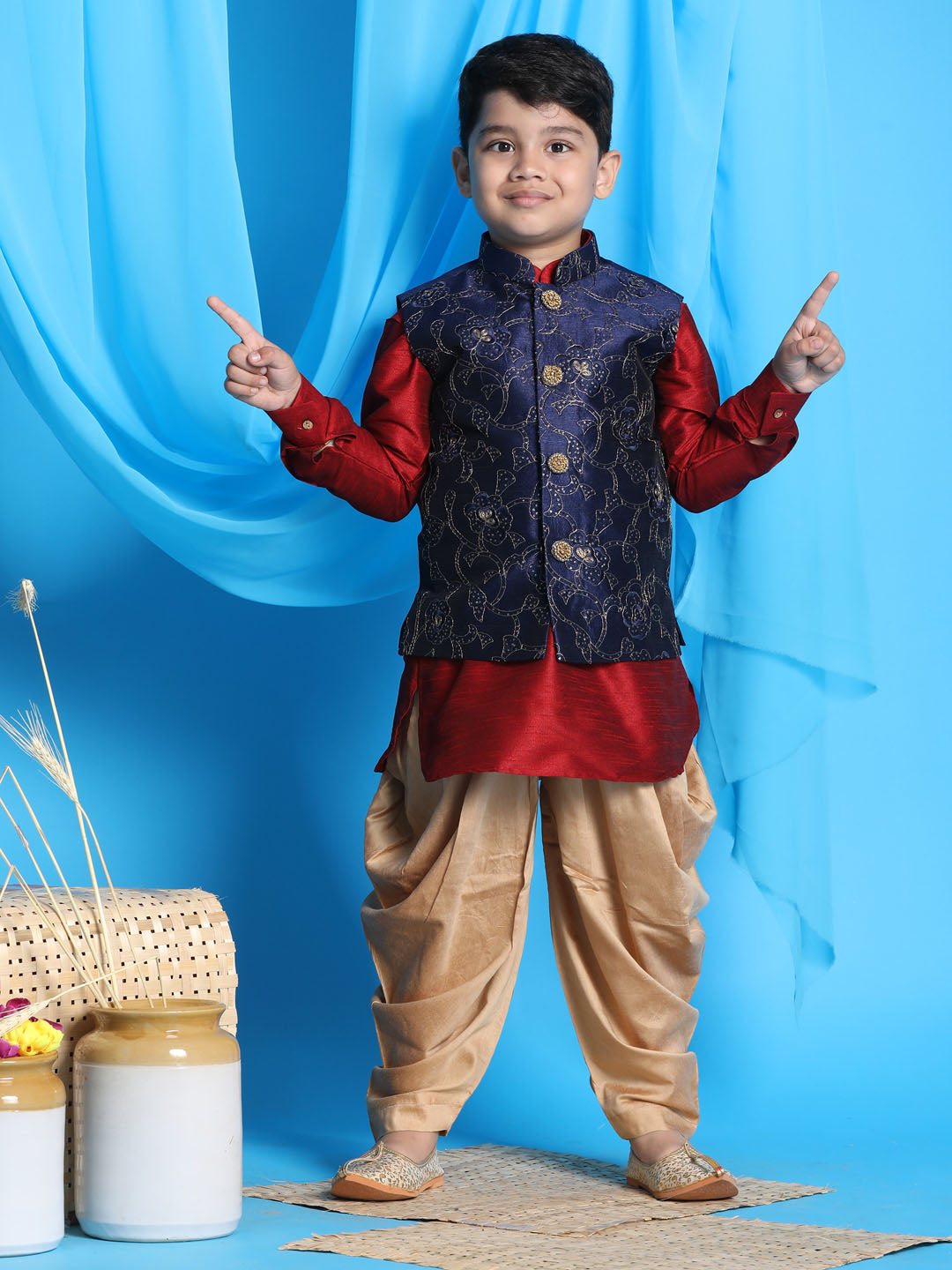 Vastramay boys navy blue embroidered nehru jacket with maroon kurta and rose gold dhoti set