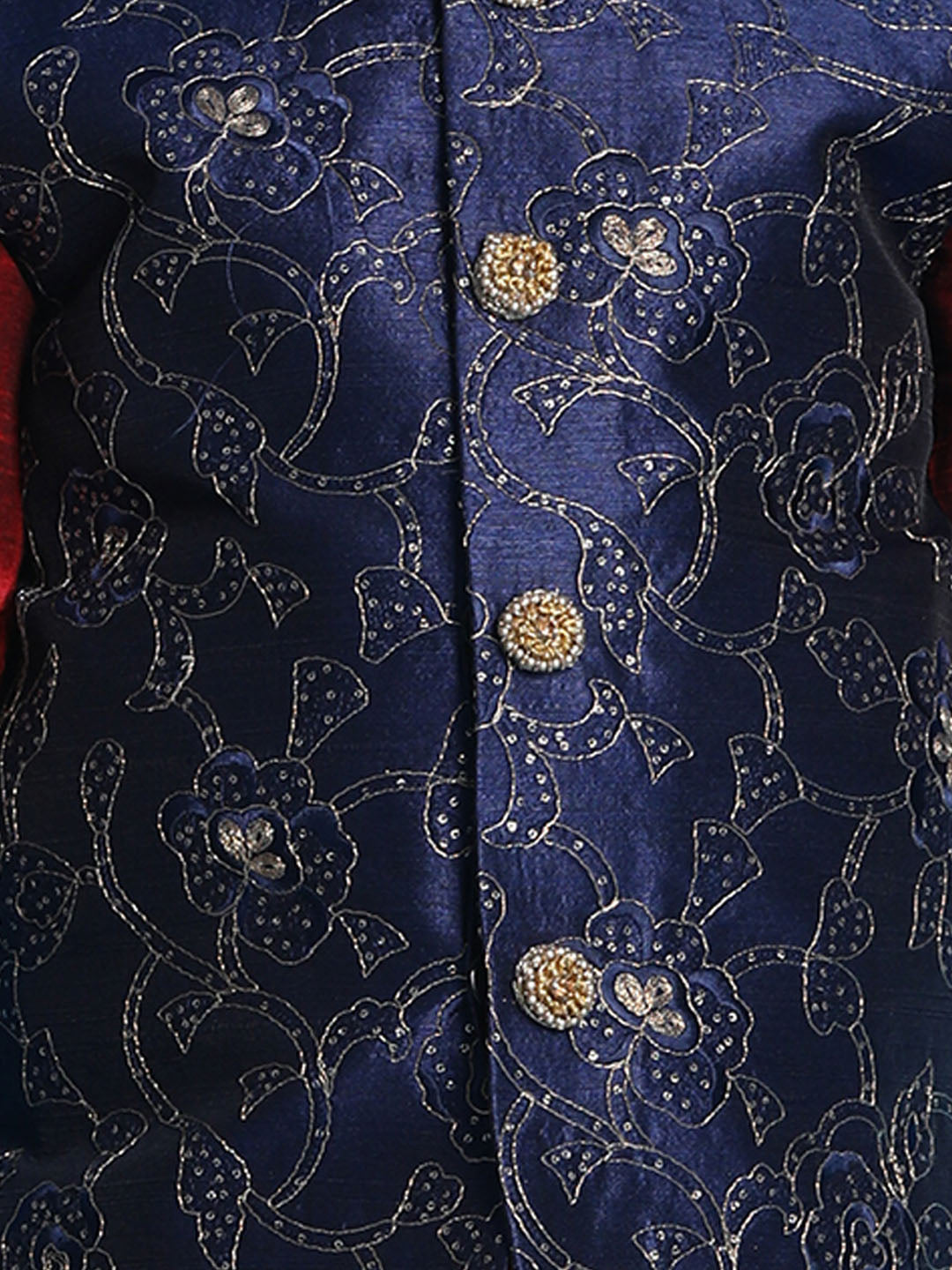 Vastramay boys navy blue embroidered nehru jacket with maroon kurta and rose gold dhoti set