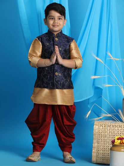 Vastramay boys navy blue embroidered nehru jacket with rose gold kurta and maroon dhoti set