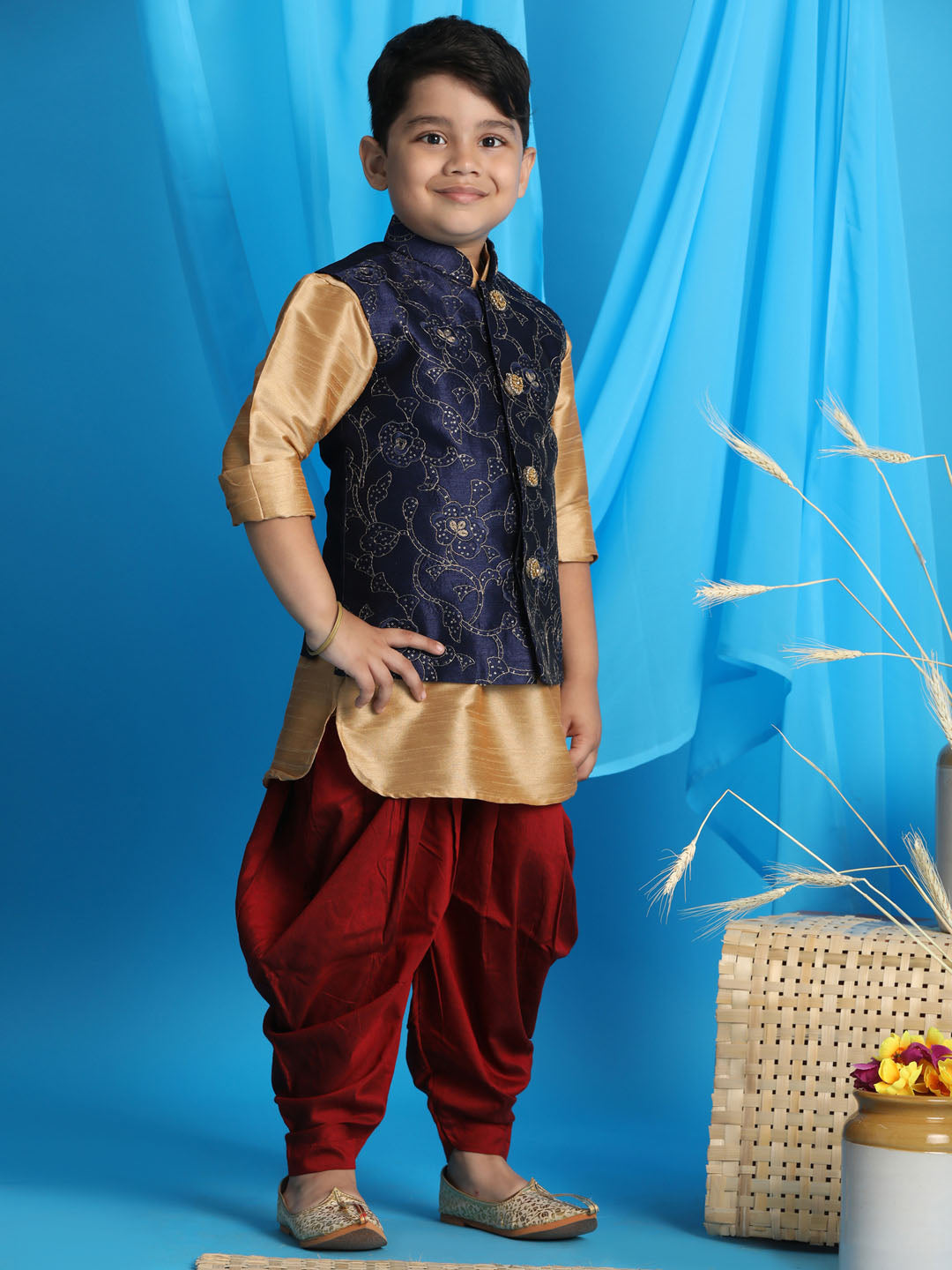 Vastramay boys navy blue embroidered nehru jacket with rose gold kurta and maroon dhoti set