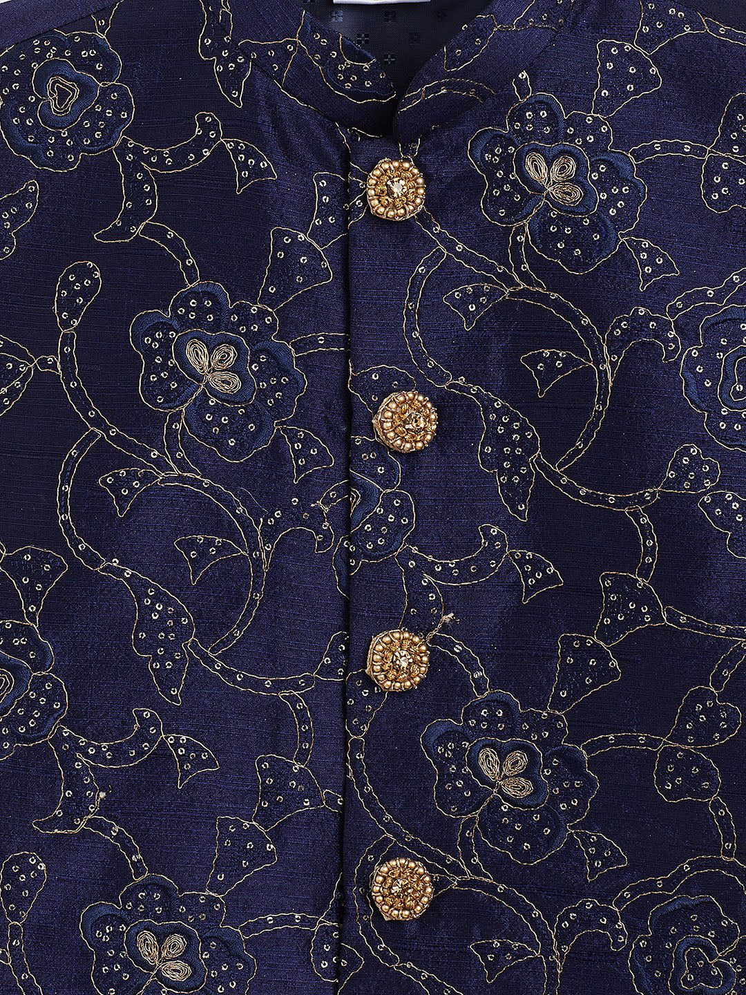 Vastramay boys navy blue embroidered nehru jacket with rose gold kurta and maroon dhoti set