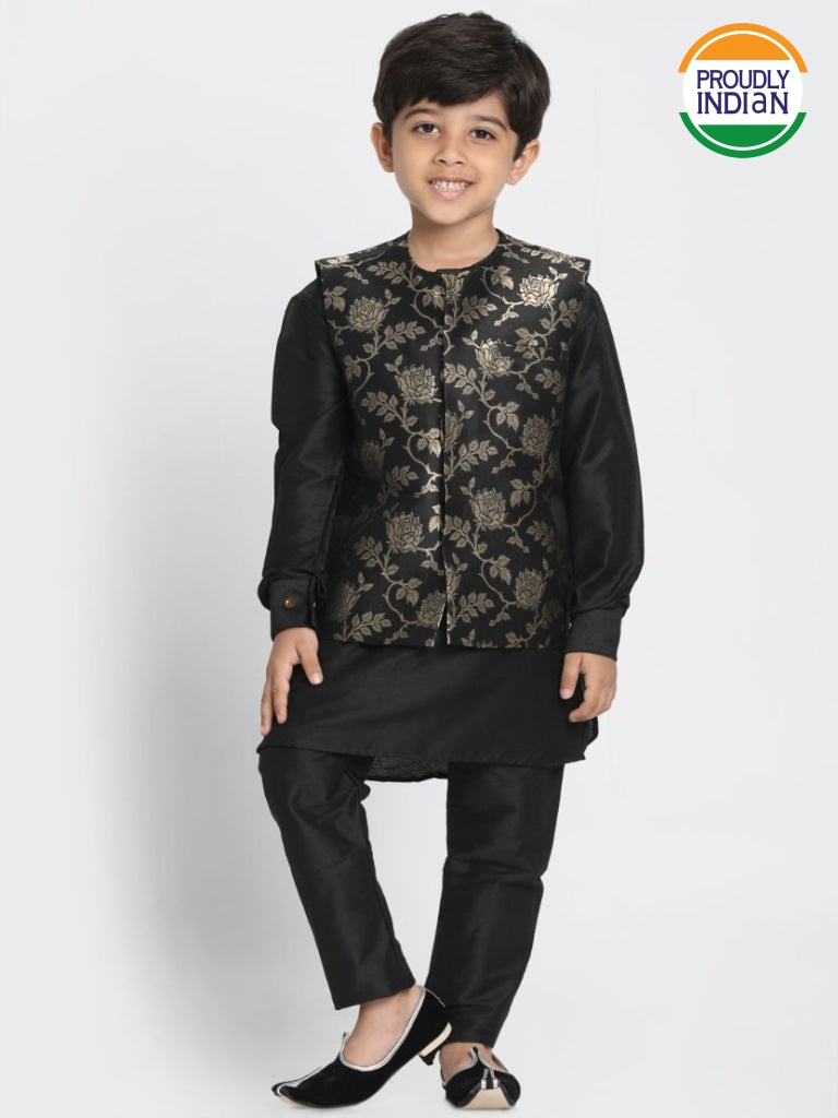 Vastramay Boys' Black Cotton Silk Blend Kurta, Nehru Jacket and Pyjama Set