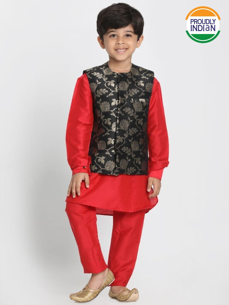 Vastramay Boys' Red Cotton Silk Blend Kurta, Nehru Jacket and Pyjama Set