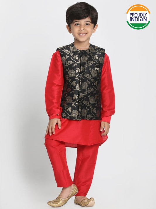 Vastramay Boys' Red Cotton Silk Blend Kurta, Nehru Jacket and Pyjama Set