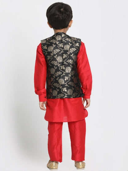 Vastramay Boys' Red Cotton Silk Blend Kurta, Nehru Jacket and Pyjama Set