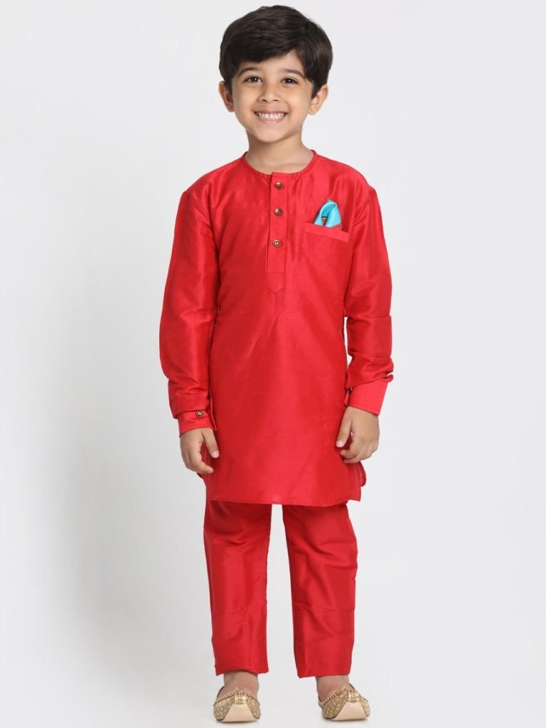 Vastramay Boys' Red Cotton Silk Blend Kurta, Nehru Jacket and Pyjama Set