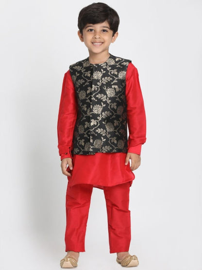 Vastramay Boys' Red Cotton Silk Blend Kurta, Nehru Jacket and Pyjama Set