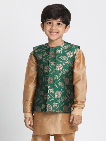 Vastramay Boys' Dark Green Cotton Silk Blend Nehru Jacket