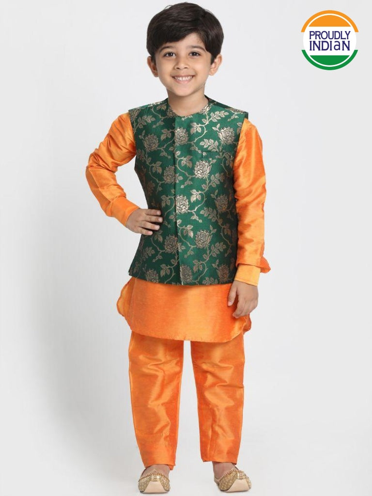 Vastramay Boys' Orange Cotton Silk Blend Kurta, Nehru Jacket and Pyjama Set