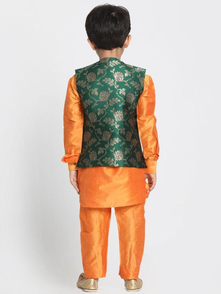 Vastramay Boys' Orange Cotton Silk Blend Kurta, Nehru Jacket and Pyjama Set