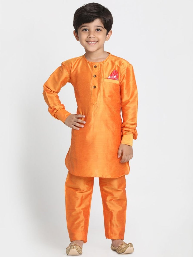 Vastramay Boys' Orange Cotton Silk Blend Kurta, Nehru Jacket and Pyjama Set