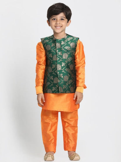 Vastramay Boys' Orange Cotton Silk Blend Kurta, Nehru Jacket and Pyjama Set