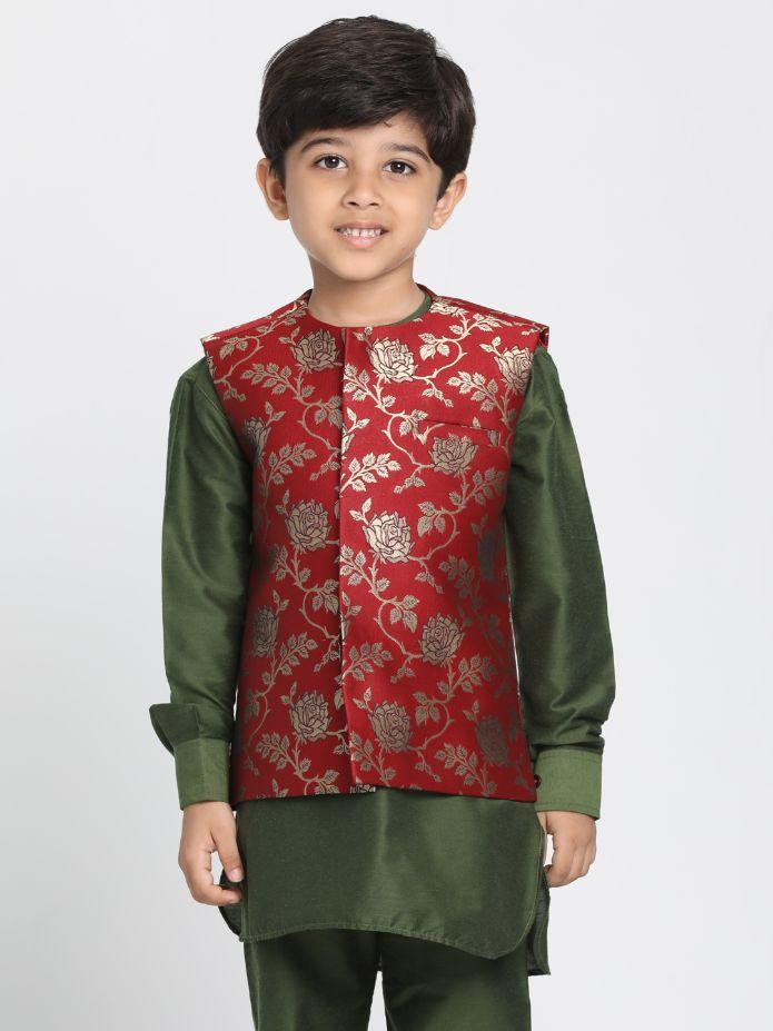 Vastramay Boys' Maroon Cotton Silk Blend Nehru Jacket