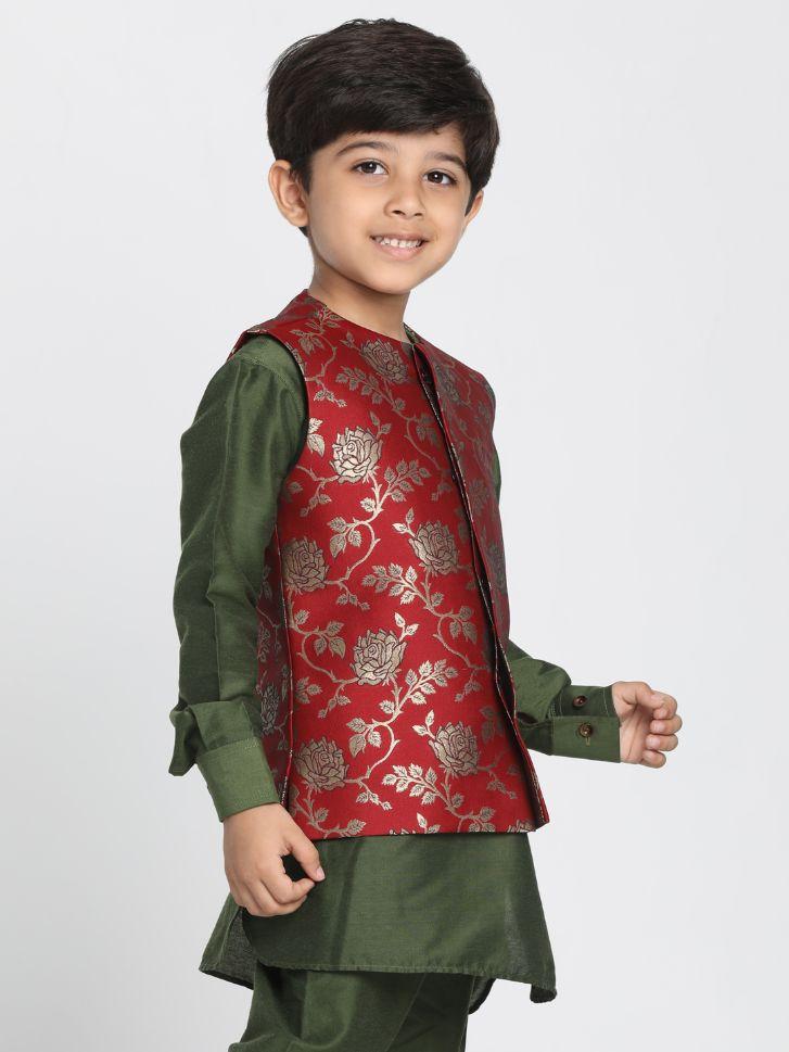 Vastramay Boys' Maroon Cotton Silk Blend Nehru Jacket