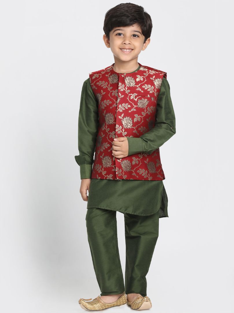 Vastramay Boys' Maroon Cotton Silk Blend Nehru Jacket