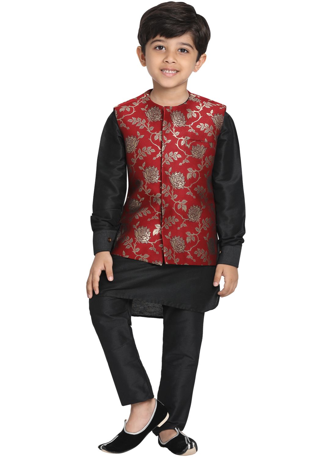 Vastramay Boys' Maroon Cotton Silk Blend Kurta, Nehru Jacket and Pyjama Set