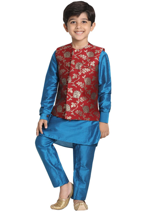 Vastramay Boys' Light Blue Cotton Silk Blend Kurta, Nehru Jacket and Pyjama Set