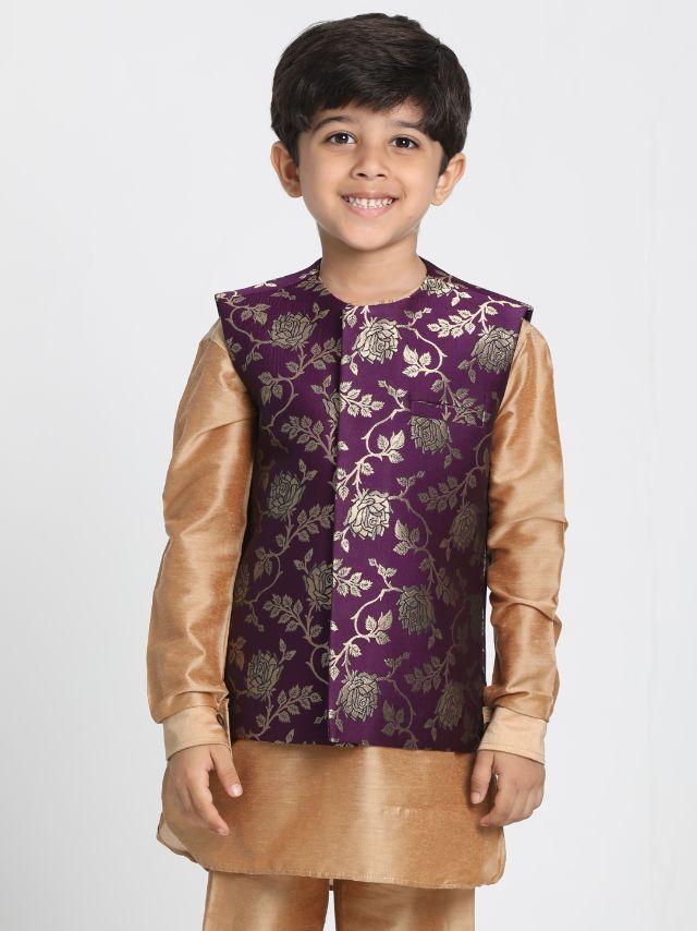 Vastramay Boys' Purple Cotton Silk Blend Nehru Jacket