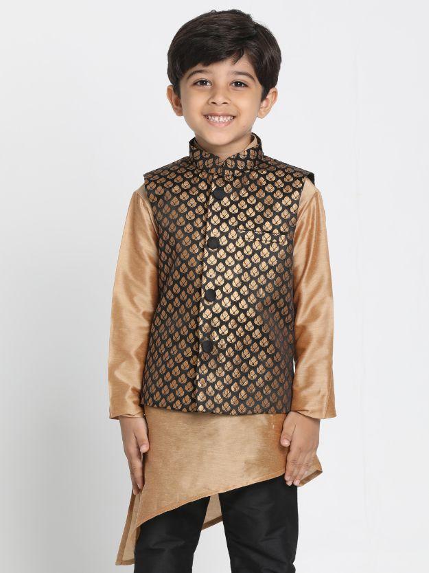 Vastramay Boys' Black Cotton Silk Blend Nehru Jacket