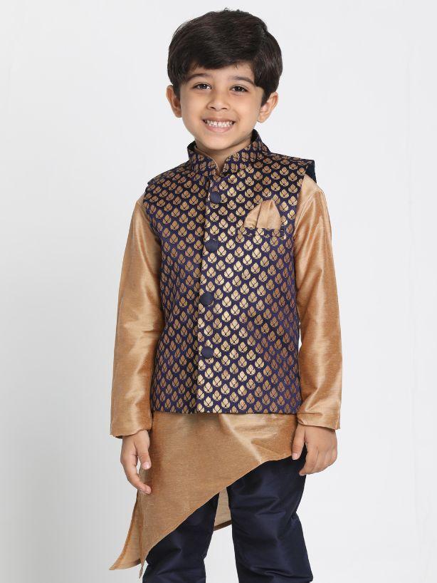 Vastramay Boys' Deep Blue Cotton Silk Blend Nehru Jacket