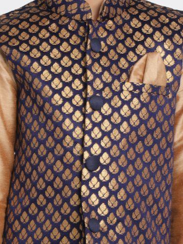 Vastramay Boys' Deep Blue Cotton Silk Blend Nehru Jacket