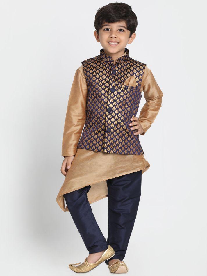 Vastramay Boys' Deep Blue Cotton Silk Blend Nehru Jacket