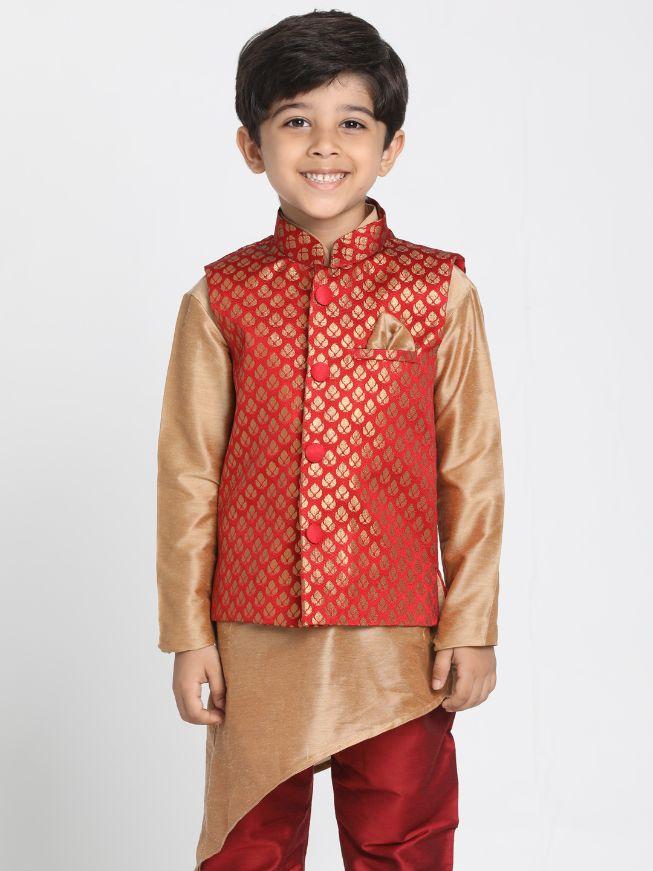 Vastramay Boys' Maroon Cotton Silk Blend Nehru Jacket