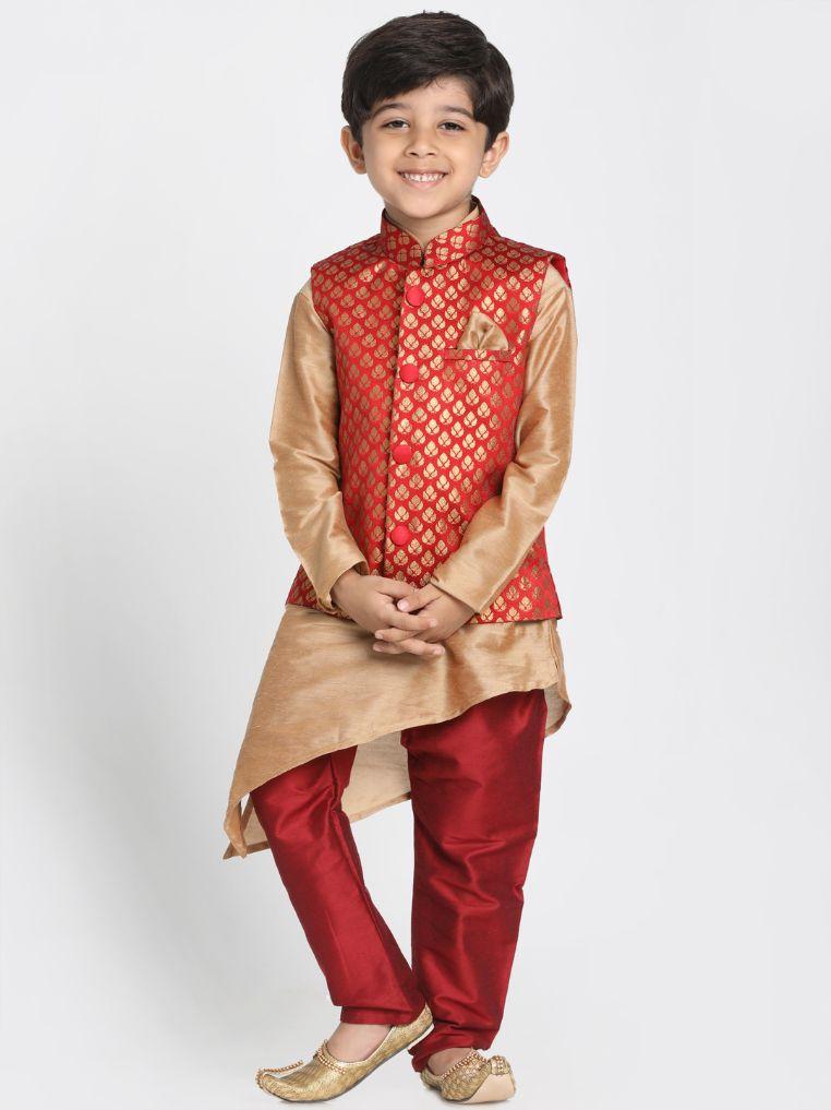 Vastramay Boys' Maroon Cotton Silk Blend Nehru Jacket