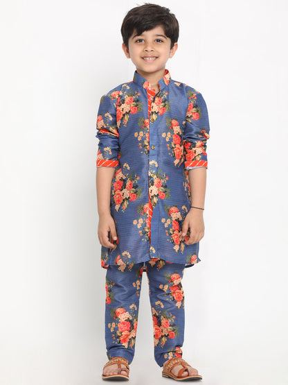 Vastramay Multicolored-Base-Blue Baap Beta Jacket Kurta Pyjama set