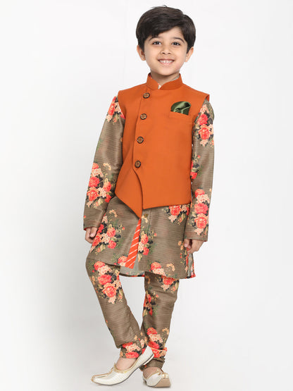 Vastramay Multicolored-Base-Chiku Baap Beta Jacket Kurta Pyjama set