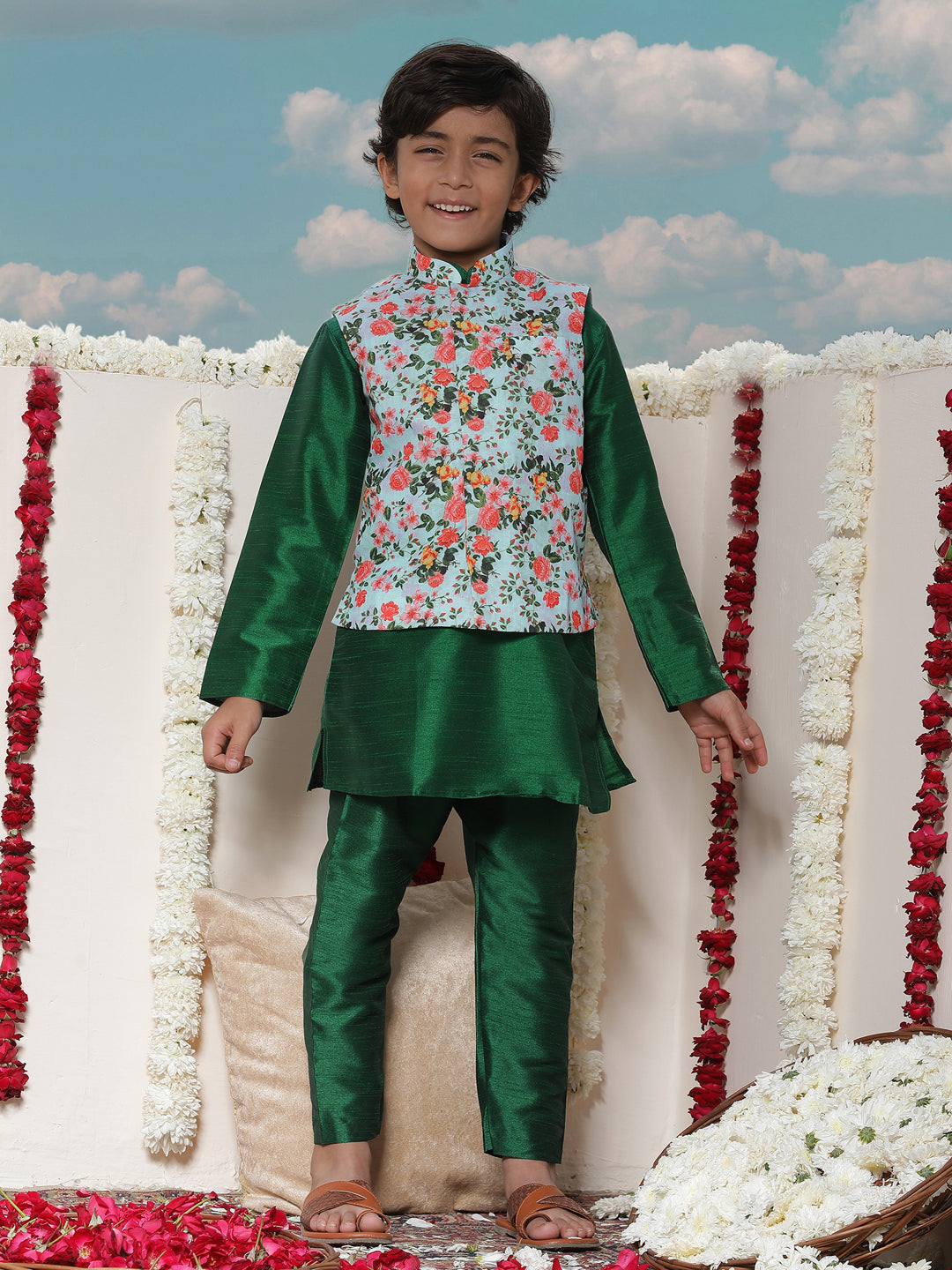 JBN CREATION Boy's Aqua Floral Printed Nehru Jacket With Green Kurta And Pyjama Set