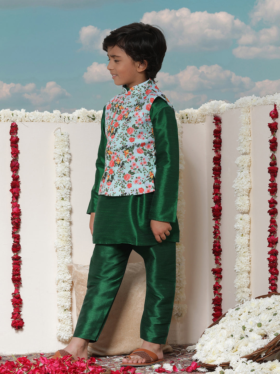 JBN CREATION Boy's Aqua Floral Printed Nehru Jacket With Green Kurta And Pyjama Set