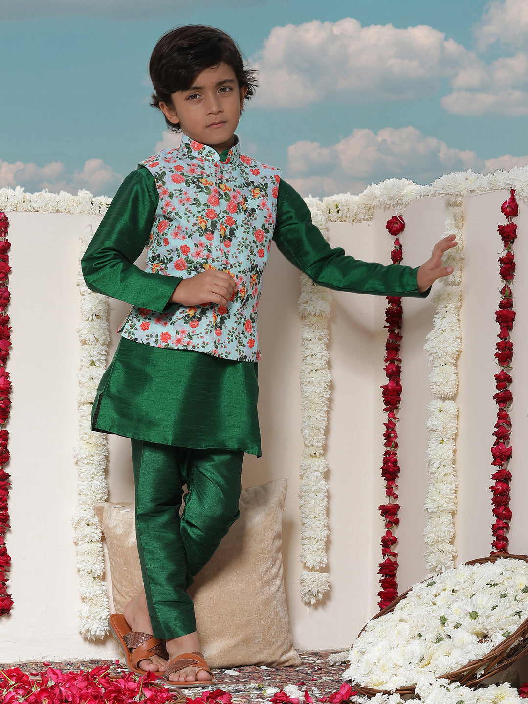 JBN CREATION Boy's Aqua Floral Printed Nehru Jacket With Green Kurta And Pyjama Set