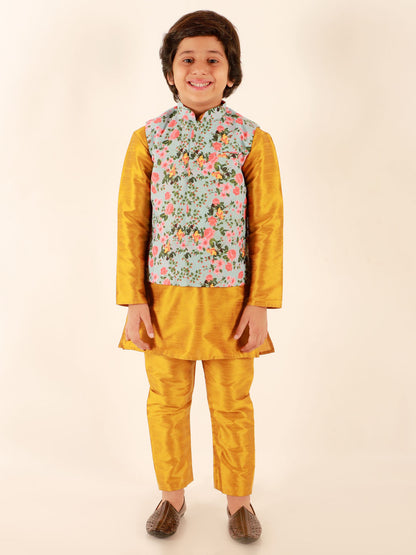 JBN CREATION Boy's Aqua Floral Printed Nehru Jacket With Mustard Kurta And Pyjama Set