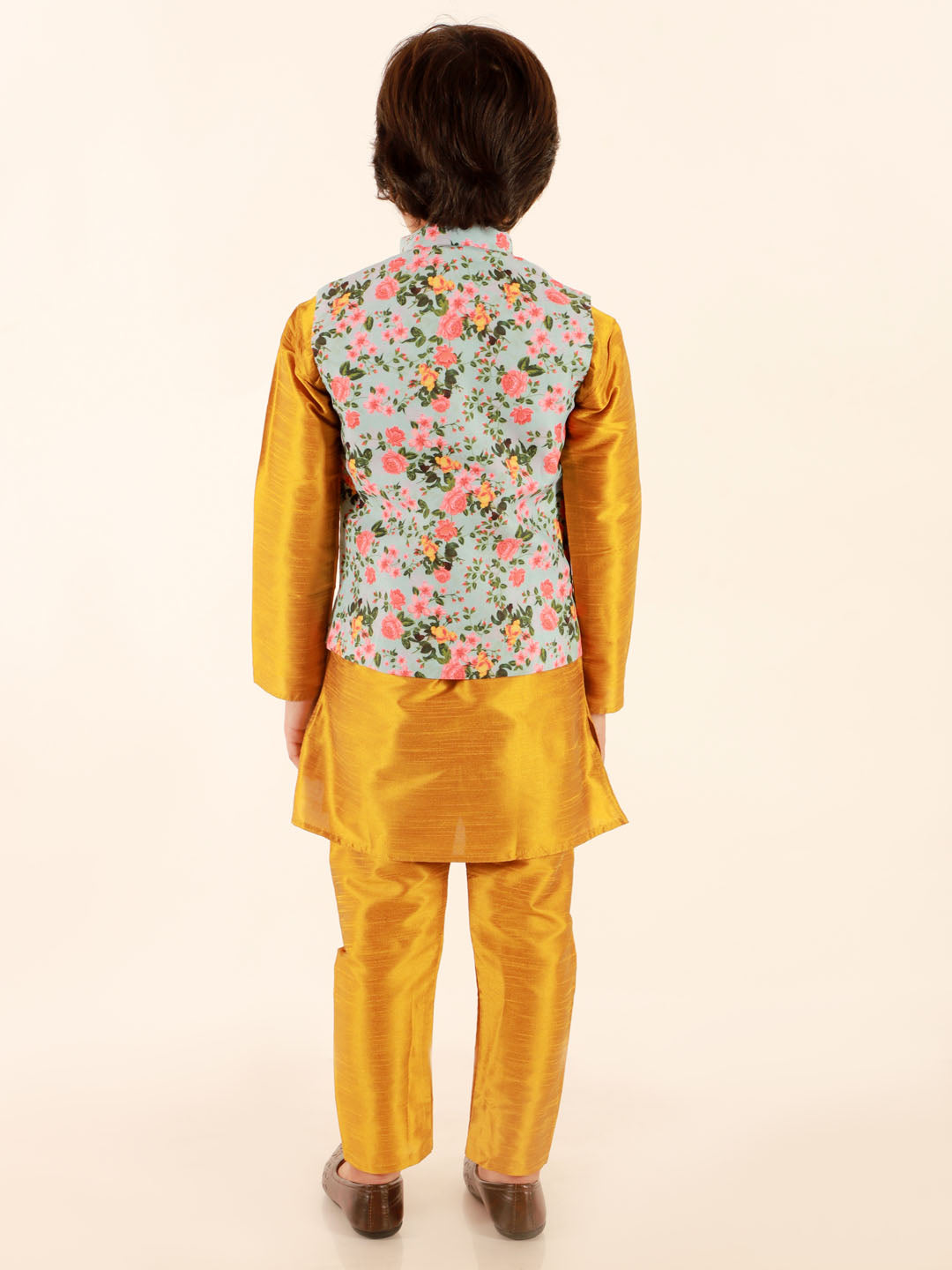 JBN CREATION Boy's Aqua Floral Printed Nehru Jacket With Mustard Kurta And Pyjama Set