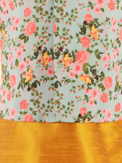 JBN CREATION Boy's Aqua Floral Printed Nehru Jacket With Mustard Kurta And Pyjama Set