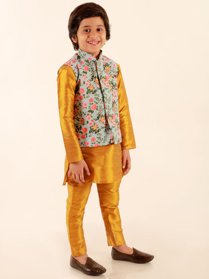JBN CREATION Boy's Aqua Floral Printed Nehru Jacket With Mustard Kurta And Pyjama Set