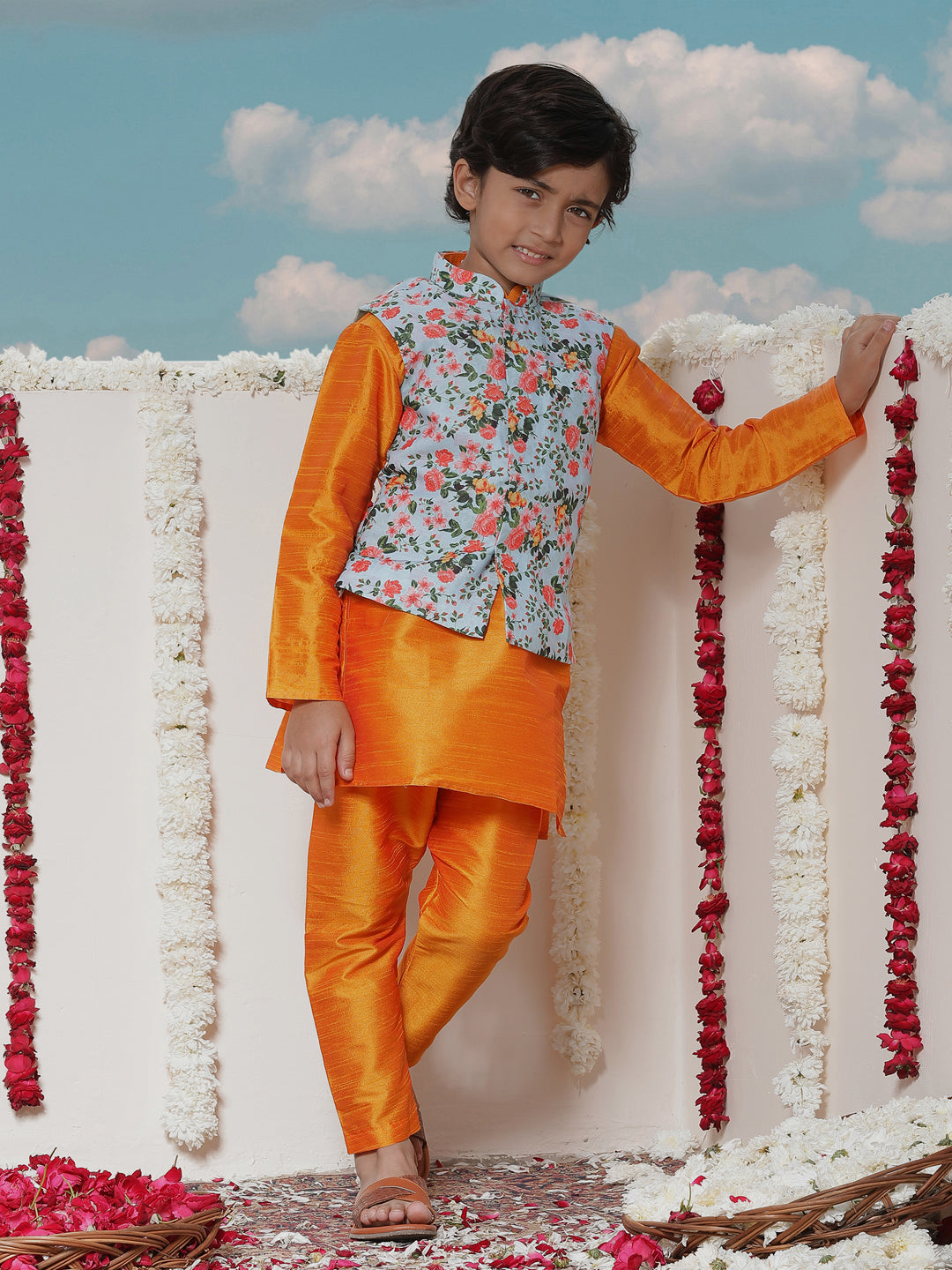 JBN CREATION Boy's Aqua Floral Printed Nehru Jacket With Orange Kurta And Pyjama Set