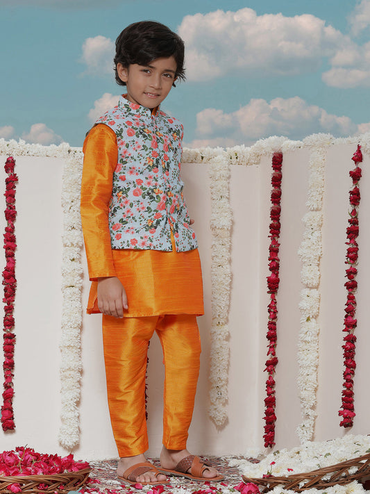 JBN CREATION Boy's Aqua Floral Printed Nehru Jacket With Orange Kurta And Pyjama Set