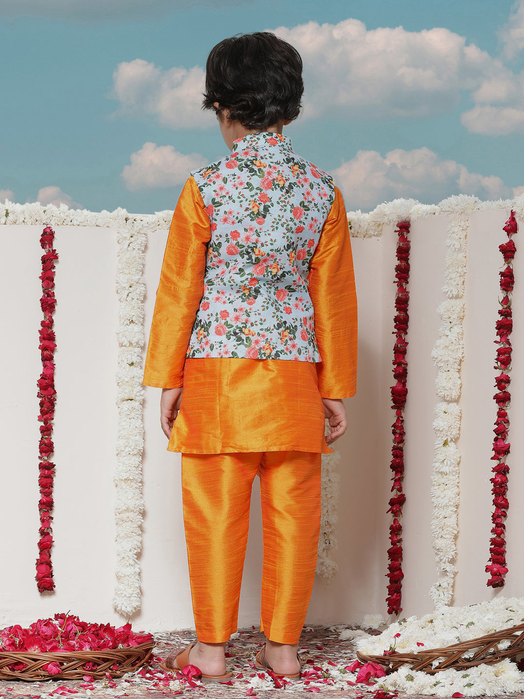 JBN CREATION Boy's Aqua Floral Printed Nehru Jacket With Orange Kurta And Pyjama Set