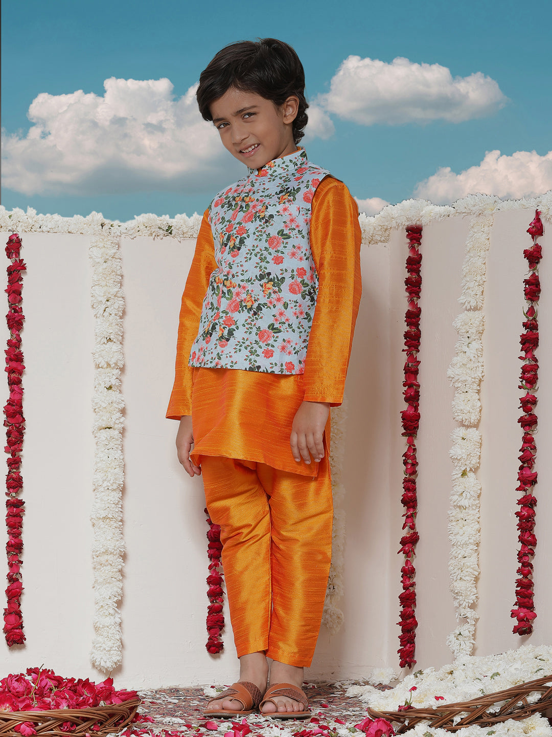 JBN CREATION Boy's Aqua Floral Printed Nehru Jacket With Orange Kurta And Pyjama Set