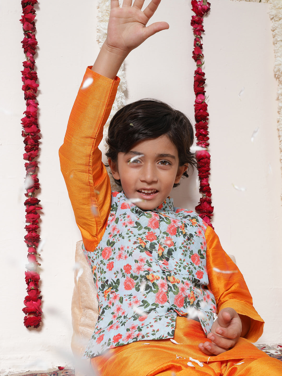 JBN CREATION Boy's Aqua Floral Printed Nehru Jacket With Orange Kurta And Pyjama Set