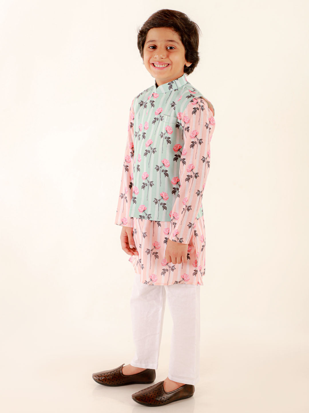 JBN CREATION Boys' Green Jacket with Peach Floral Print Kurta And White Pyjama Set