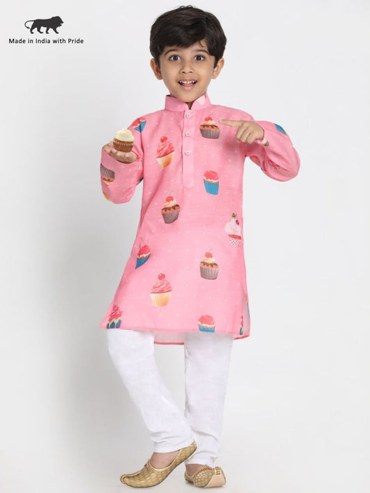 Vastramay Boys' Pink Cotton Blend Kurta and Pyjama Set