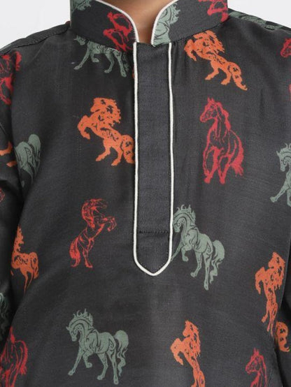 Vastramay Boys' Black Cotton Horse Print Kurta and Pyjama Set