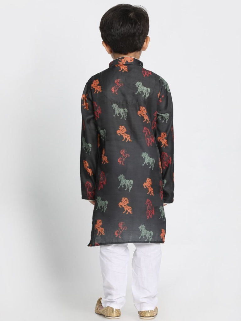 Vastramay Boys' Black Cotton Horse Print Kurta and Pyjama Set