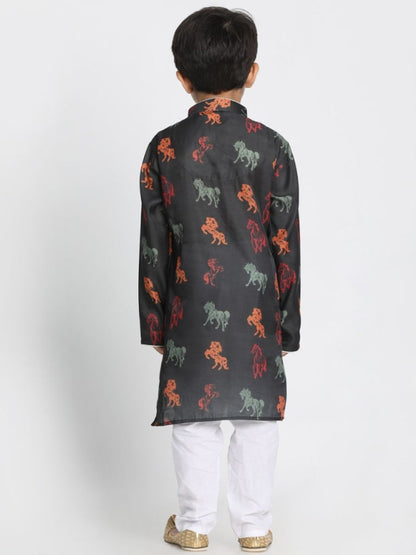 Vastramay Boys' Black Cotton Horse Print Kurta and Pyjama Set
